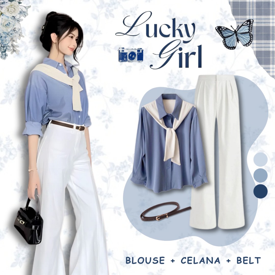Outfit One Set Old Money Korean Style Kemeja Sailor Wollycrepe Biru Loose Pants Jennie Knit BW Belt 3in1 Setelan Wanita Kekinian Casual Classy Elegant Kerja Ngampus Kantoran UC26