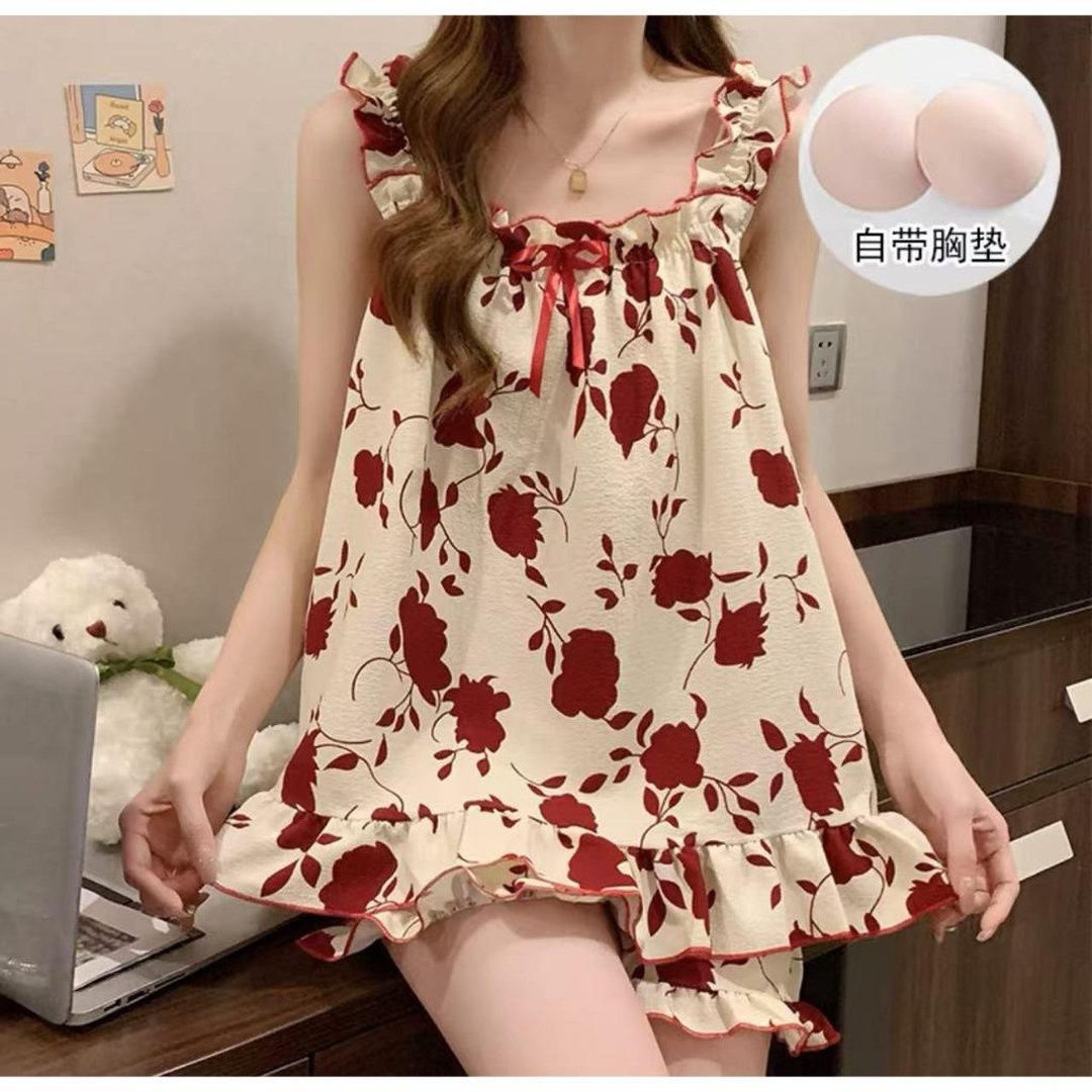 MyLadiesShop - MLS001 - Baju Tidur Wanita Motif Mini Dress Ruffle Bonus Set Busa Dada Sleepwear Cute