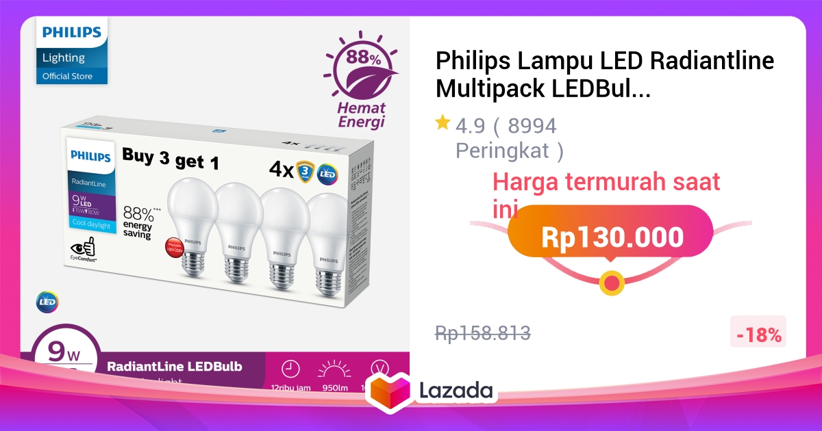 Philips Lampu LED Radiantline Multipack LEDBulb 9W 6500K Putih