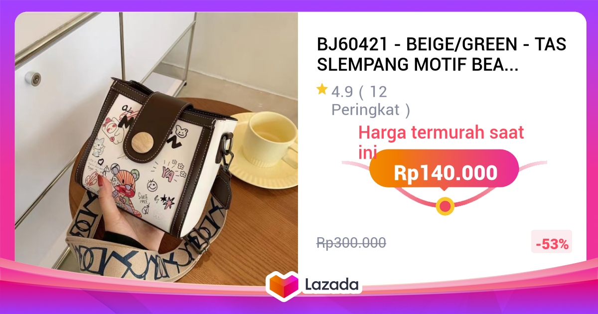 BJ60421 - BEIGE/GREEN - TAS SLEMPANG MOTIF BEAR WANITA FASHION IMPORT MODIS ELEGAN TERMURAH TERLARIS TERBARU BAGSTORE JAKARTA TAS BATAM ZCJ0421