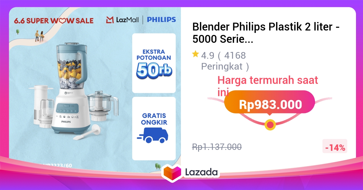 Blender Philips Plastik 2 liter - 5000 Series HR2223/60 - Blender jus - Blender bumbu philips ( Chopper, Dry Mill, Filter ) - Blender Serbaguna - Blender Terbaik - Misty Dawn