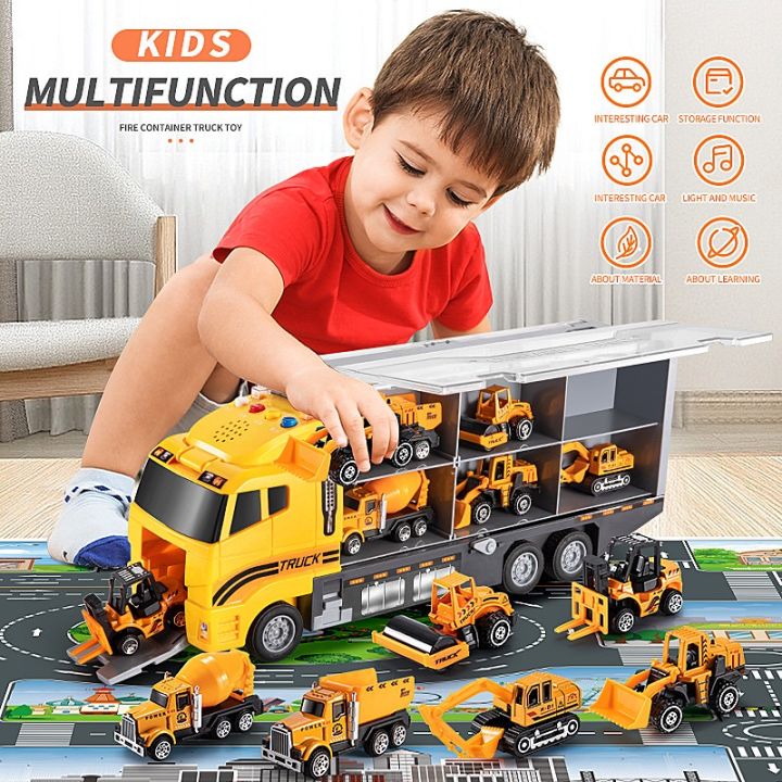 FUNToy 6Pcs/Set Storage Container Truck Fire Truck Vehicle Alloy Pull Back Car Die Cast Car Inertia Dengan Tempat Penyimpanan Mainan Anak Hadiah Ulang Tahun Anak